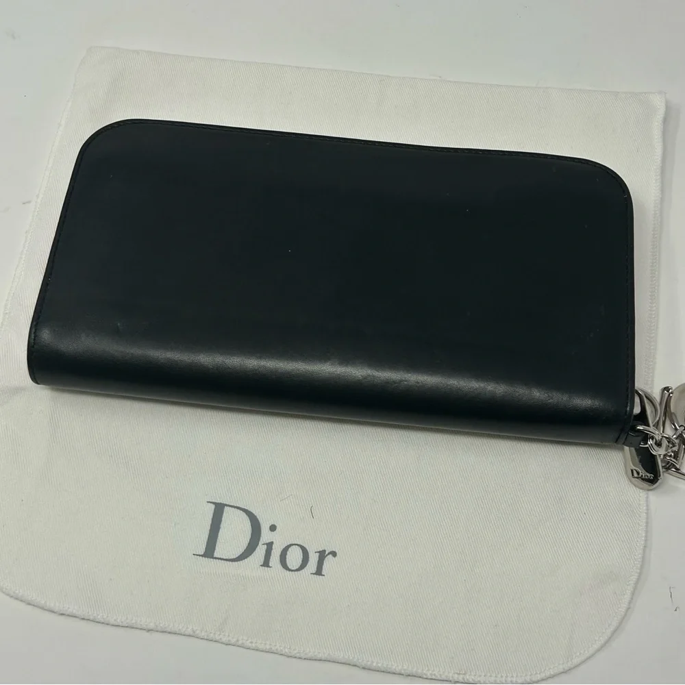 Dior Chevron Sequin Zip Around Long Wallet Black Leather Pink Interior Authentic